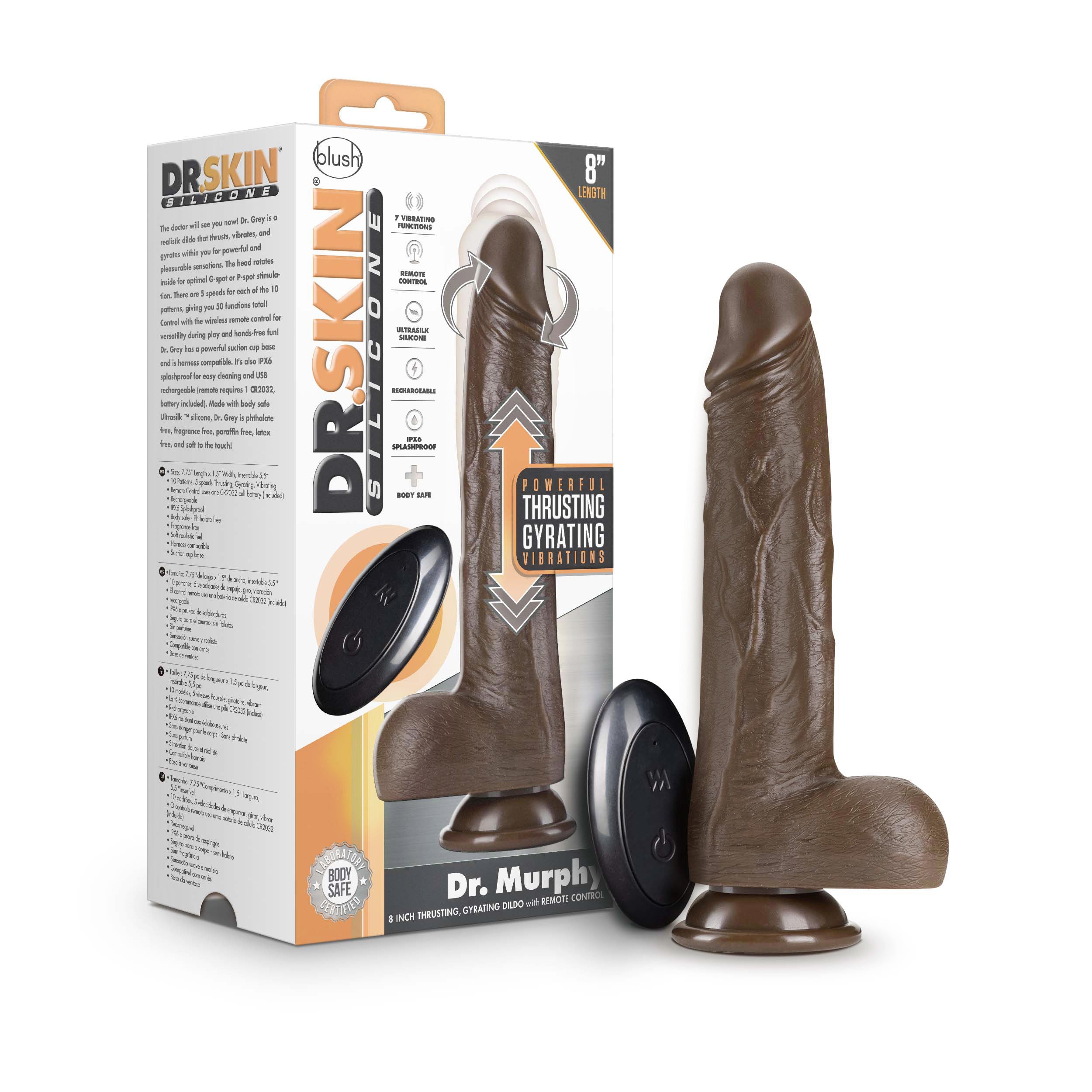 Dr Skin Silicone 8 Inch Thrusting Dildo With Vibrations Chocolate Dongs Realistic