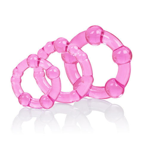 Island Rings Pink Stretchy Transparent TPR Cock Rings Trio Small Medium Large with Pleasure Beads and Stimulation Nodules COCK RING Set