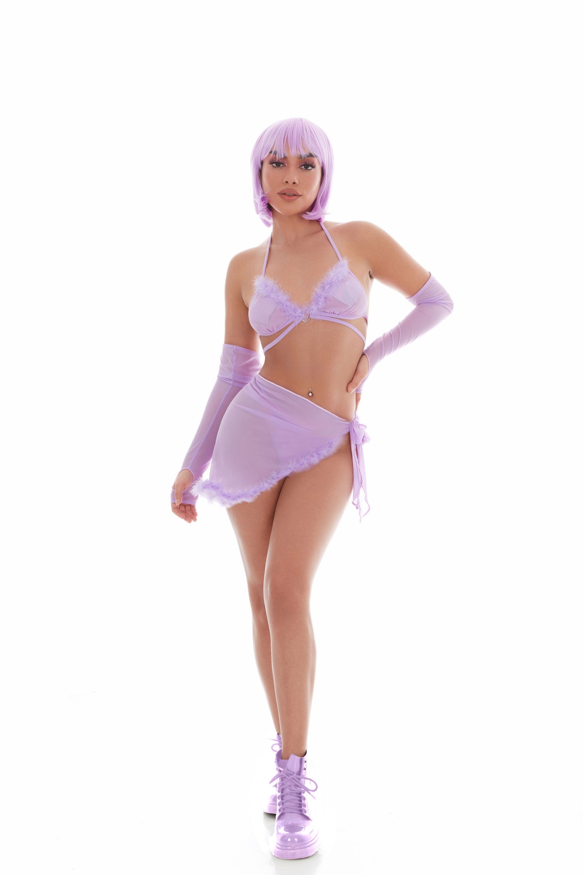 Feeling Fuzzy Lilac Festival Set with Pasties and Sarong Tie Skirt Purple S M > Clothes > Plus Size Lingerie