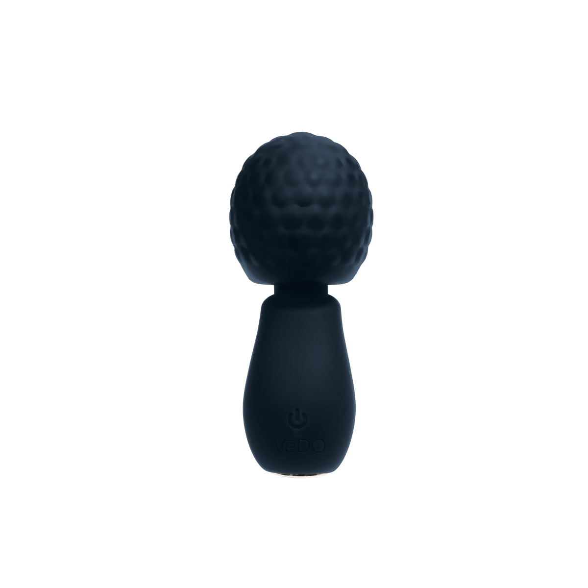A dark navy blue personal massager with a textured spherical head and a smooth handle, featuring a debossed 'Yupo' logo on the lower part of the handle, set against a plain white background.