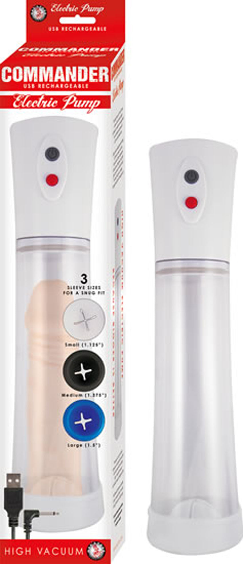 Commander Electric Penis Pump with 3 Sleeve Sizes and Cable White PUMPS Male Electric