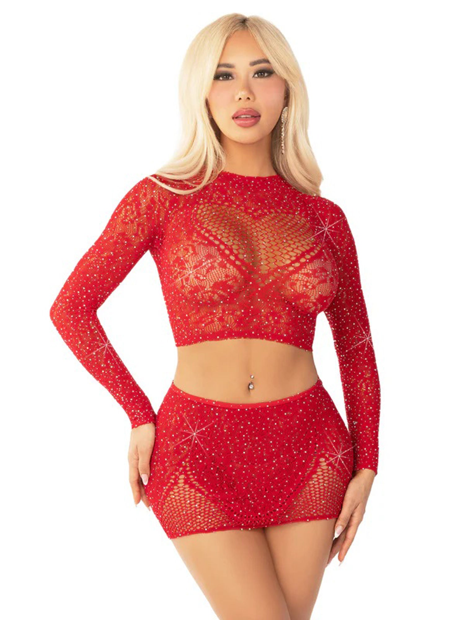 Black Rhinestone Lace Crop Top and Heart Keyhole Mini Skirt Red Lingerie Sets