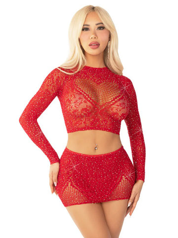 Black Rhinestone Lace Crop Top and Heart Keyhole Mini Skirt Red Lingerie Sets