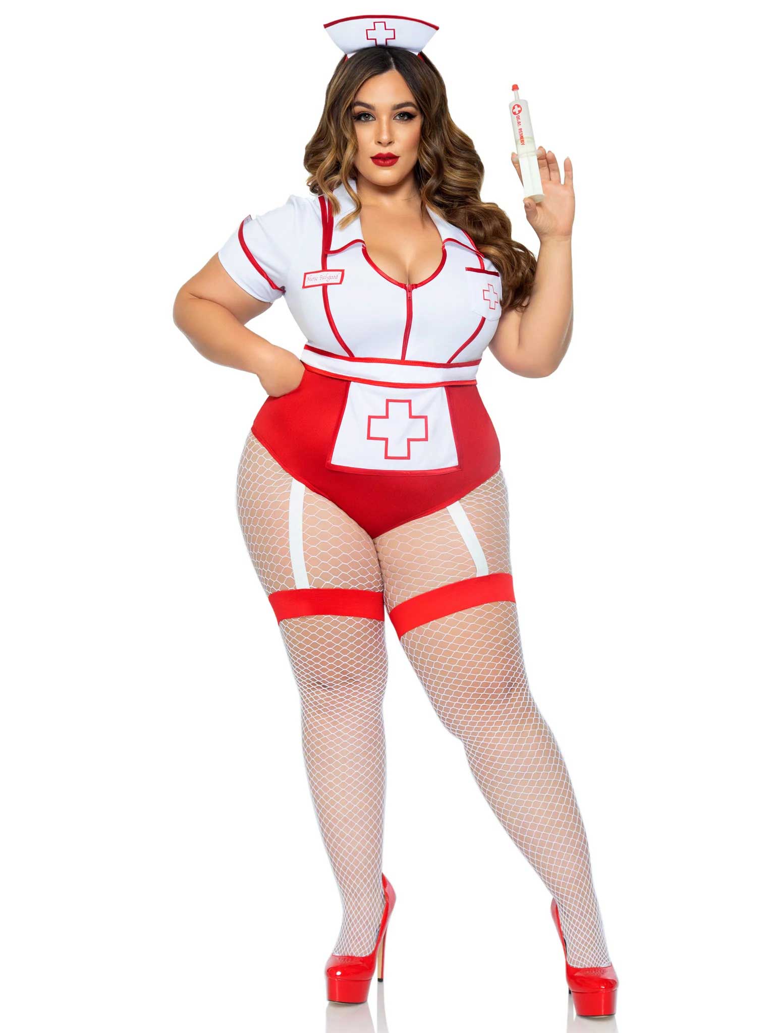 Plus Size Sexy Nurse Costume with Snap Crotch Garter Bodysuit Costumes