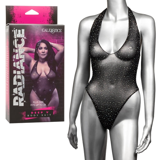 Radiance Plus Size Deep V Black Rhinestone Mesh Body Suit Size Up to 3X > Clothes > Plus Size Lingerie Main image