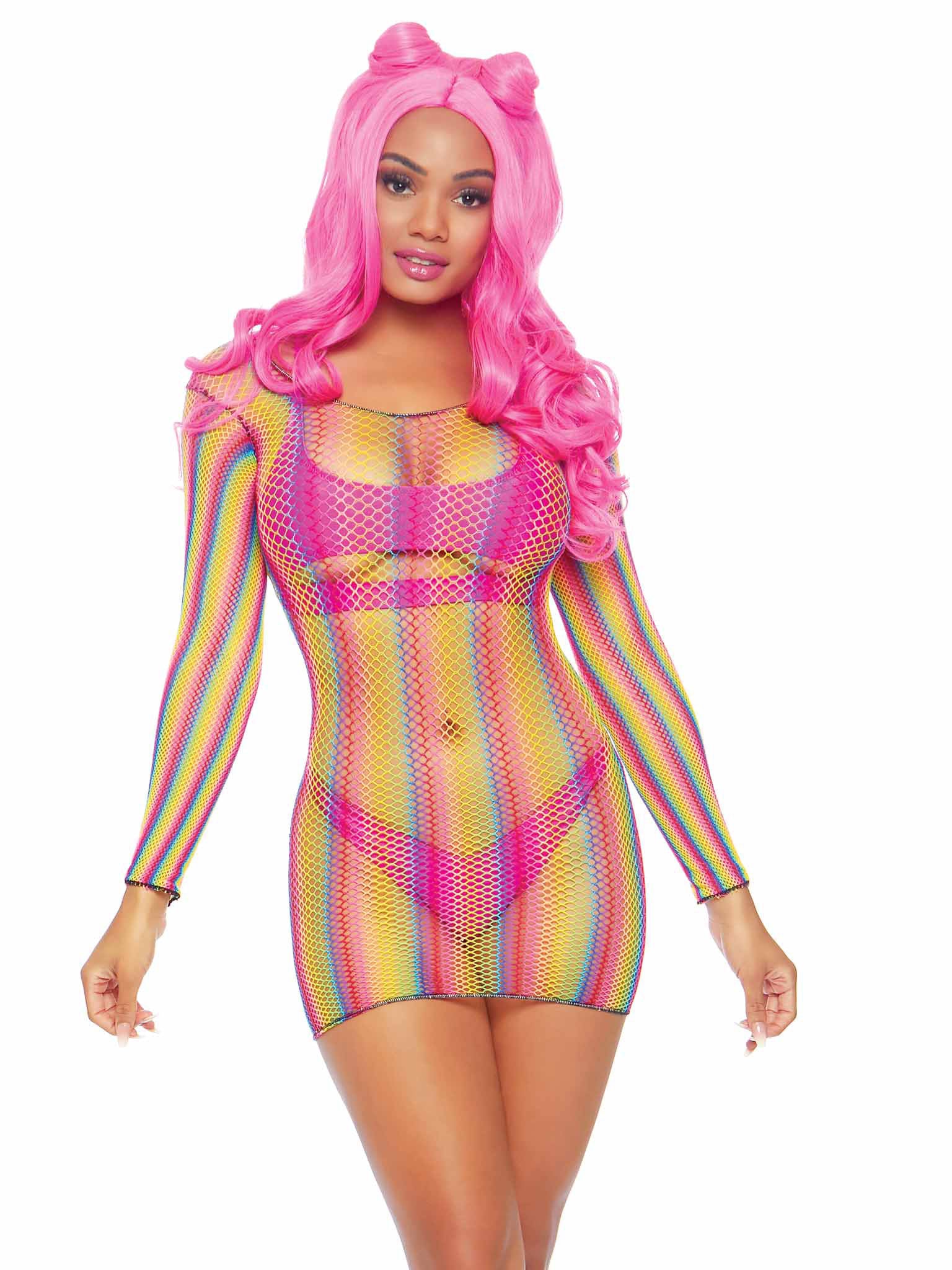 Rainbow Fishnet Long Sleeve Mini Dress Sexy Lingerie One Size > Clothes > Dresses and Chemises
