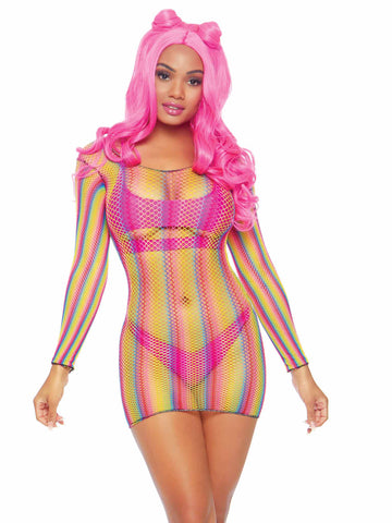 Rainbow Fishnet Long Sleeve Mini Dress Sexy Lingerie One Size > Clothes > Dresses and Chemises