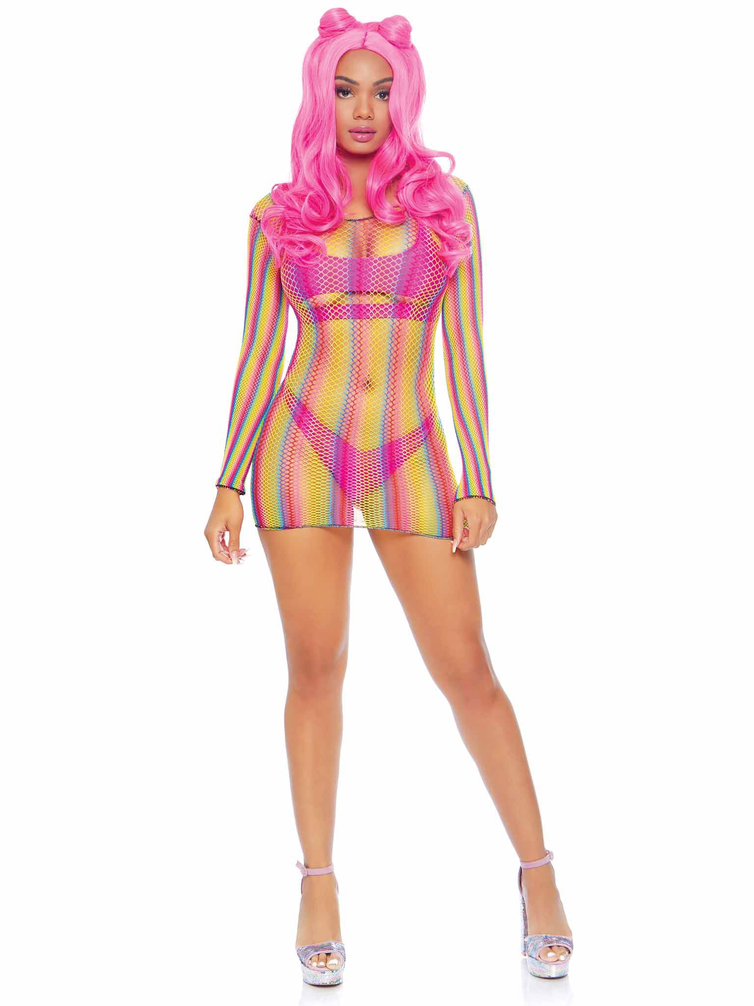 Rainbow Fishnet Long Sleeve Mini Dress Sexy Lingerie One Size > Clothes > Dresses and Chemises