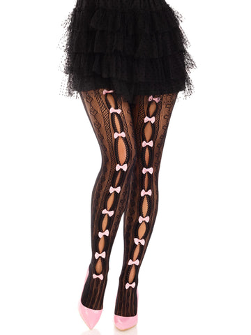 Sweetheart Striped Net Tights with Keyhole and Mini Bow Black Hosiery