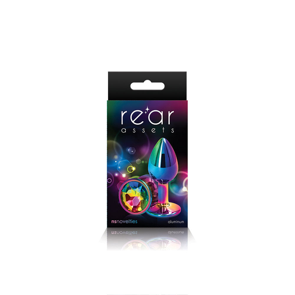 Rear Assets Multi Small Metal Butt Plug 6.9cm with Rainbow Gem Base > Anal Range > Jewel Butt Plugs