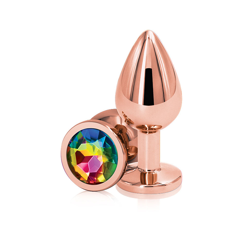 Rear Assets Rose Gold Medium 3.15 Inch Butt Plug with Rainbow Gem Base > Anal Range > Jewel Butt Plugs