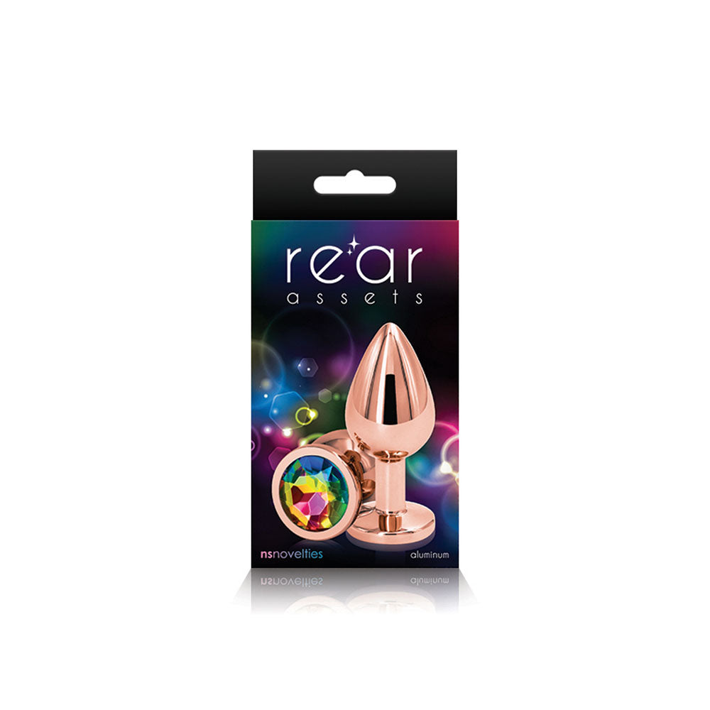 Rear Assets Rose Gold Medium 3.15 Inch Butt Plug with Rainbow Gem Base > Anal Range > Jewel Butt Plugs