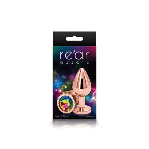 Rear Assets Rose Gold Medium Butt Plug with Rainbow Gem Base > Anal Range > Jewel Butt Plugs