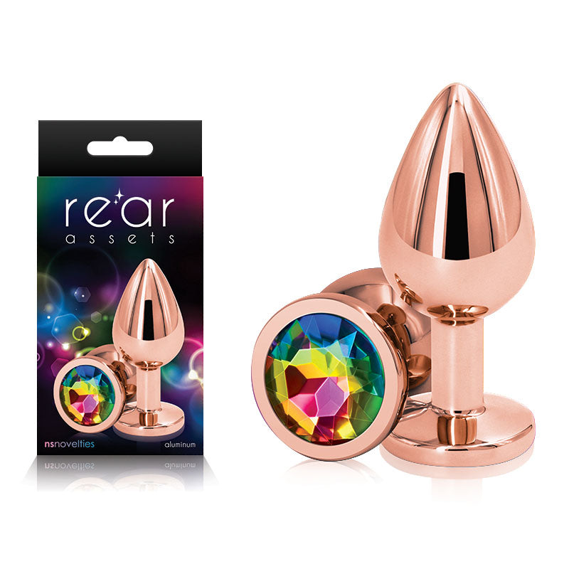 Rear Assets Rose Gold Medium 3.15 Inch Butt Plug with Rainbow Gem Base > Anal Range > Jewel Butt Plugs
