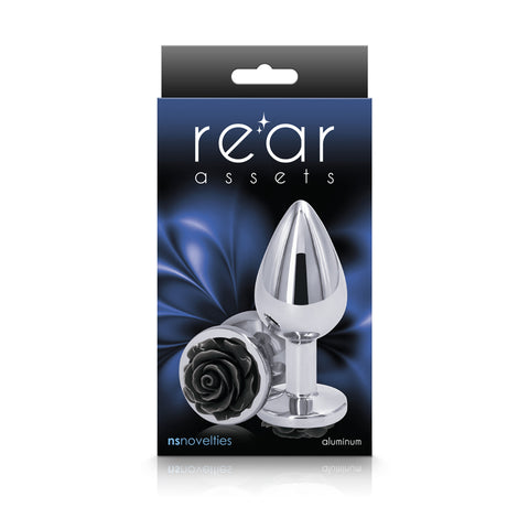 Rear Assets Rose Medium 8.9 cm Metal Butt Plug Black Rose Base > Anal Range > Jewel Butt Plugs