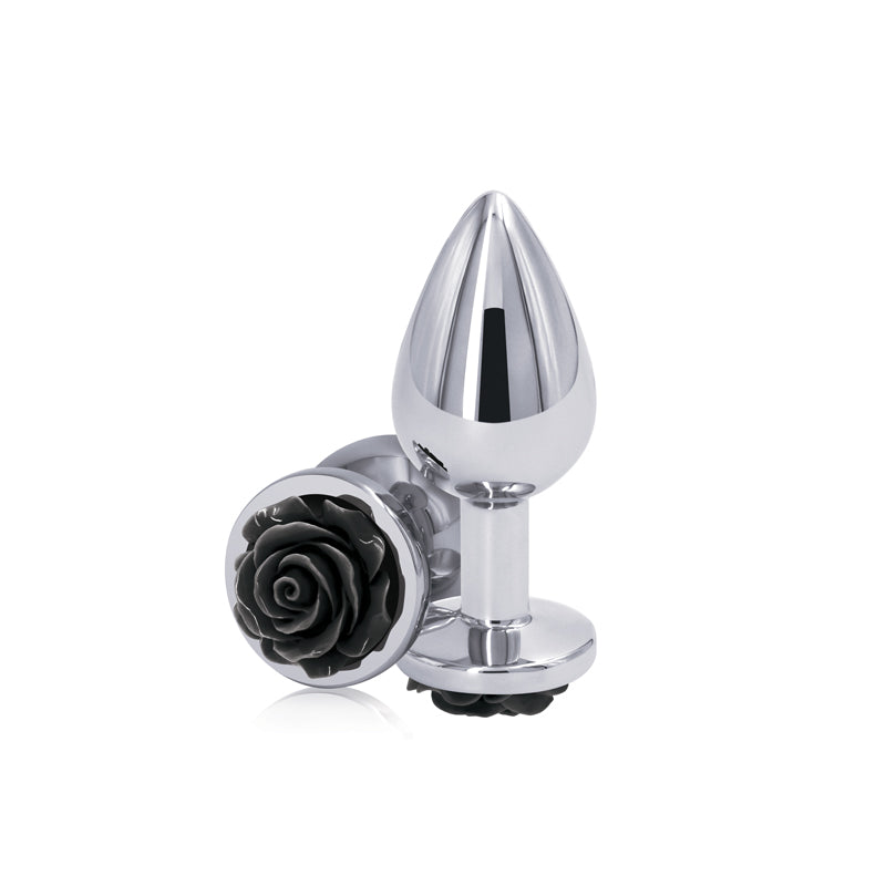 Rear Assets Rose Medium 8.9 cm Metal Butt Plug Black Rose Base > Anal Range > Jewel Butt Plugs