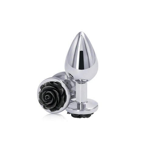 Rear Assets Rose Medium 8.9 cm Metal Butt Plug Black Rose Base > Anal Range > Jewel Butt Plugs