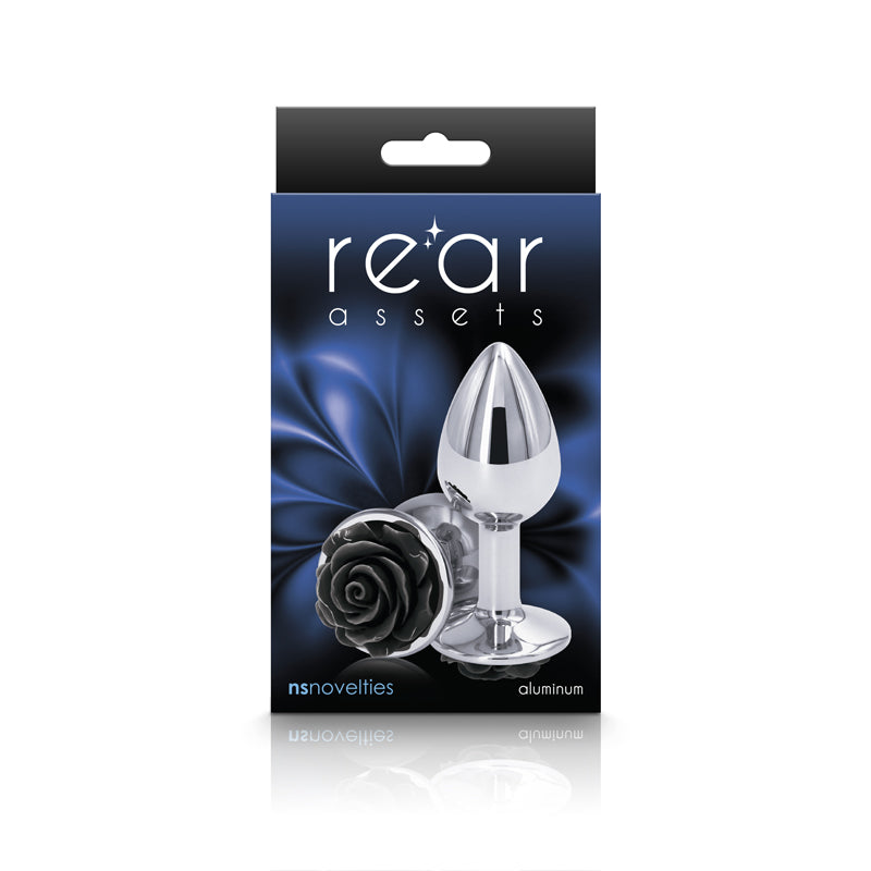 Rear Assets Rose Small 7.6 cm Metal Butt Plug with Black Rose Base > Anal Range > Jewel Butt Plugs