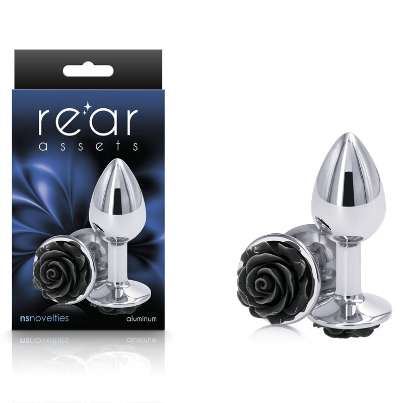Rear Assets Rose Small 7.6 cm Metal Butt Plug with Black Rose Base > Anal Range > Jewel Butt Plugs