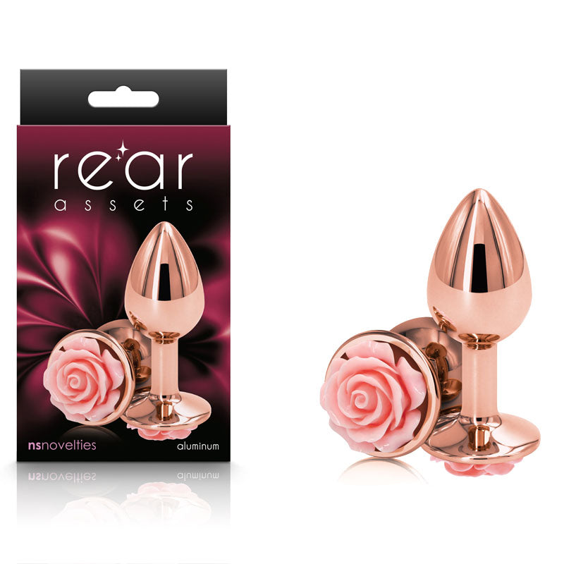 Rear Assets Rose Small Metal Butt Plug with Pink Rose Base 7.6 cm > Anal Range > Jewel Butt Plugs