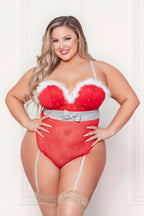 Rhinestone Studded Mesh Teddy Lingerie With Marabou Trim Red > Clothes > Teddies