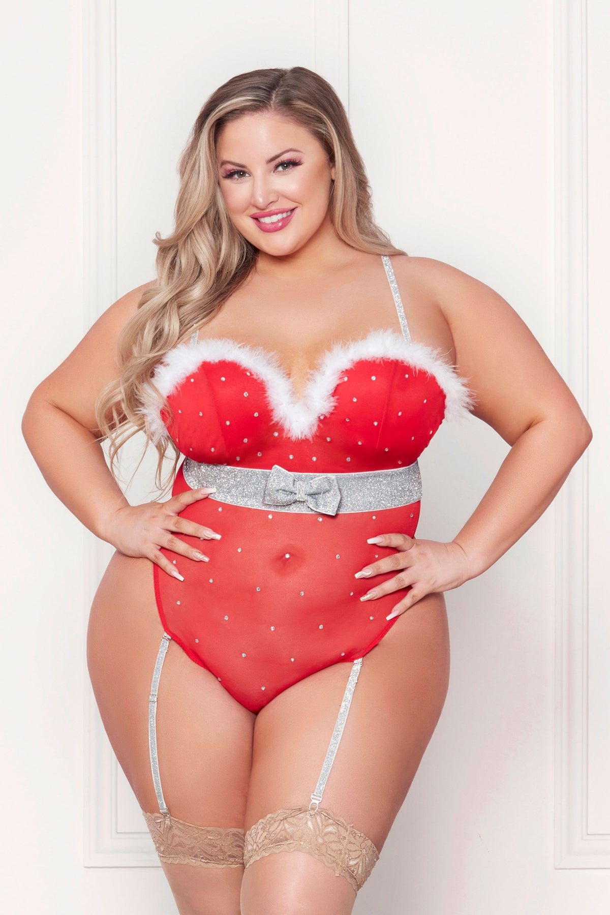 Rhinestone Studded Mesh Teddy Lingerie With Marabou Trim Red > Clothes > Teddies