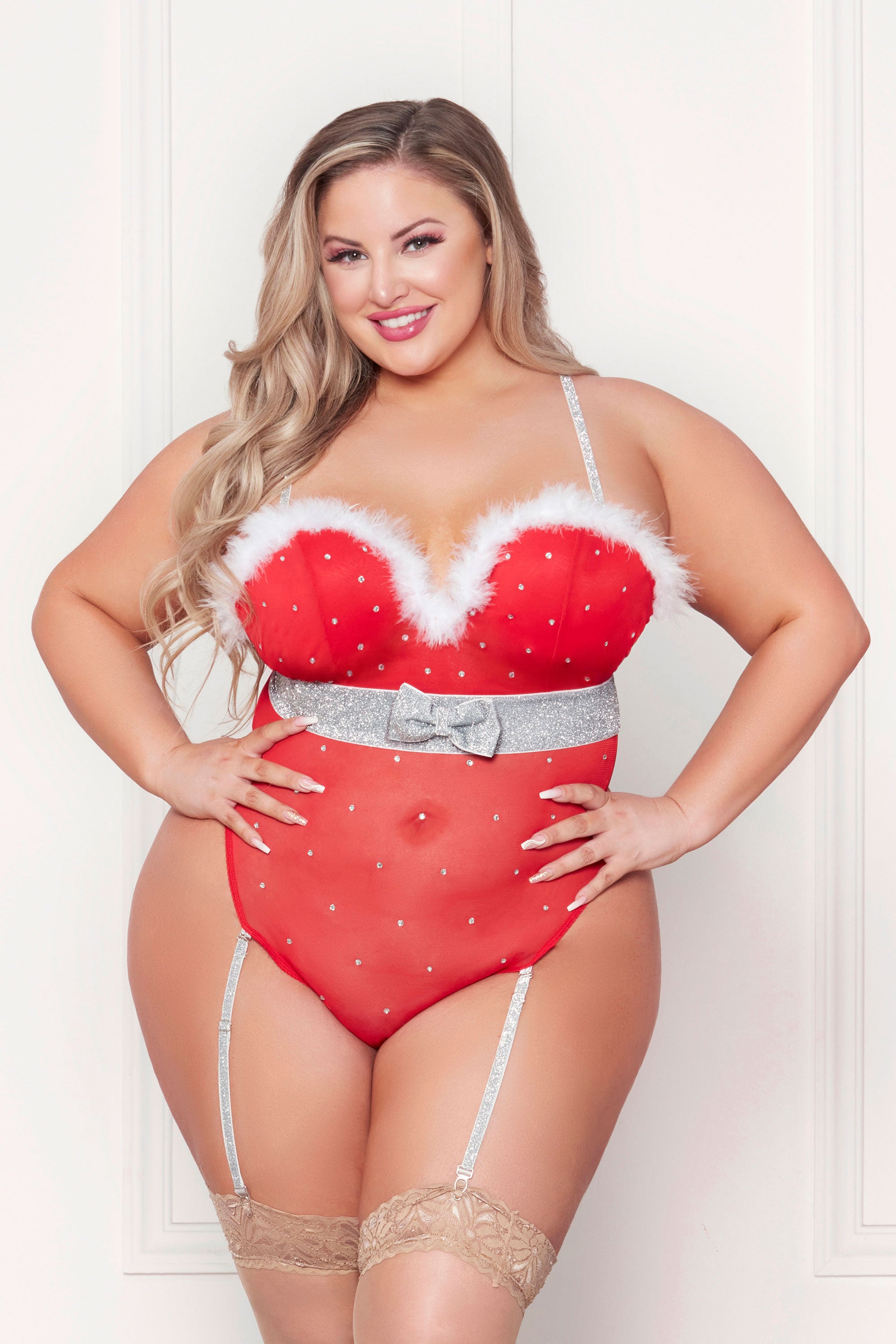 Rhinestone Studded Mesh Teddy Lingerie With Marabou Trim Red > Clothes > Teddies