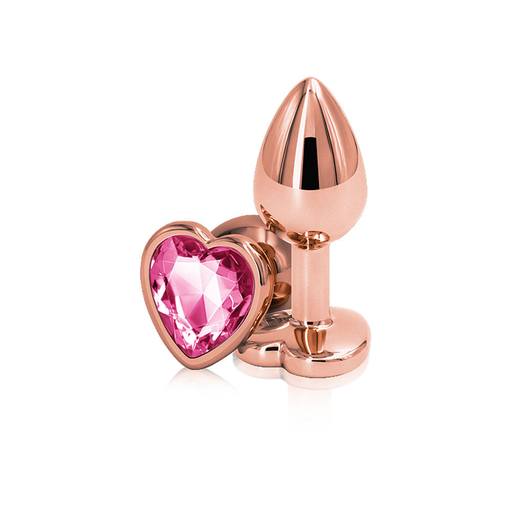 Rose Gold 2.76 Inch Small Metal Butt Plug with Pink Heart Gem Base > Anal Range > Jewel Butt Plugs