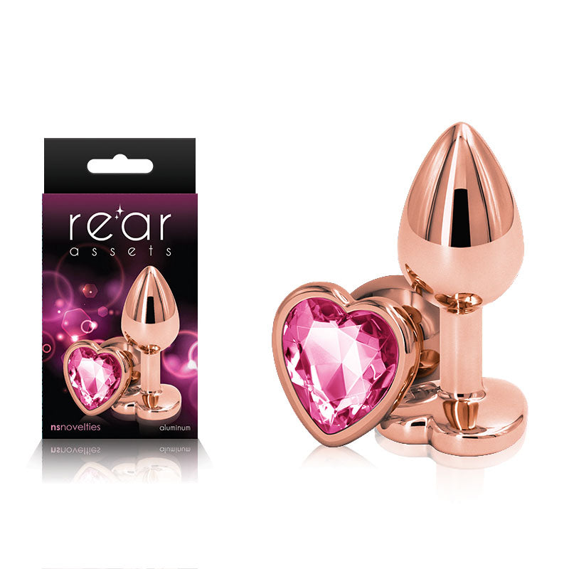 Rose Gold 2.76 Inch Small Metal Butt Plug with Pink Heart Gem Base > Anal Range > Jewel Butt Plugs