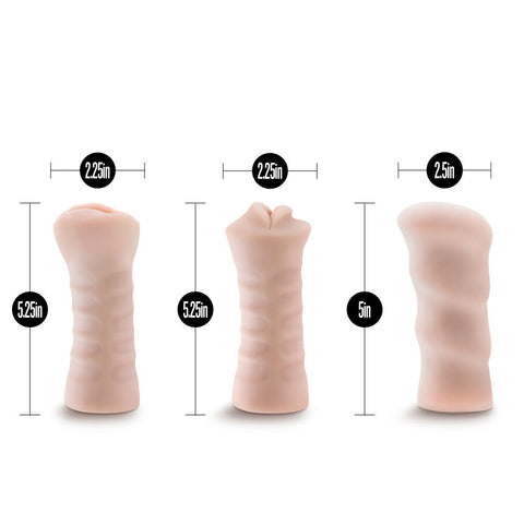 M for Men 3-Pack Self-Lubricating Vibrating Stroker Sleeves Beige Masturbation Aids for Males