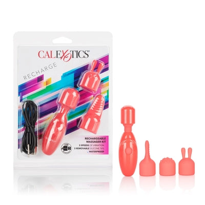 Rechargeable Massager Kit with Three Silicone Attachments and USB Charging in Coral Red Pink Finger Stimulator