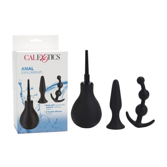 Anal Explorer Kit Body Safe Silicone Black 3 to 4.55 Inch Probes with Douche and Suction Cup Base Black Douches