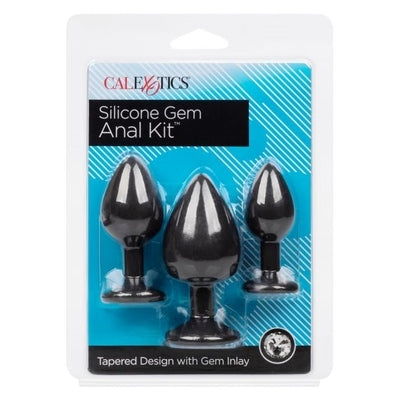 Silicone Gem Anal Kit with 3 Graduated Black Silicone Plugs and Gem Inlay Black Butt Plugs