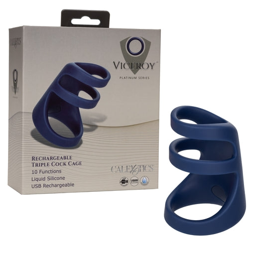 Viceroy Rechargeable Triple Cock Cage Liquid Silicone Ring with 10 Vibration Functions, Blue, 3.5in x 2in Default Title Cages