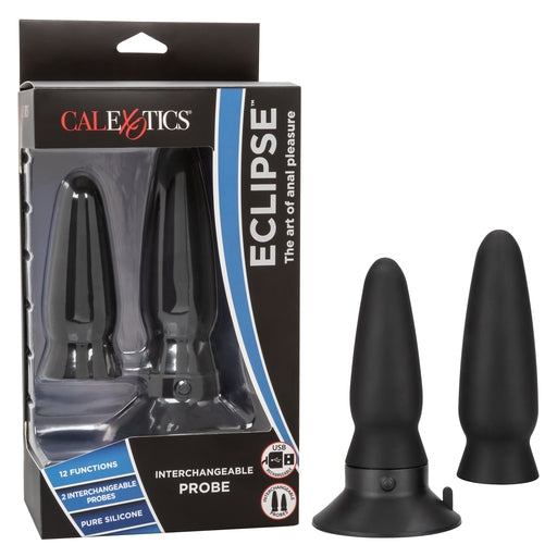 Eclipse Interchangeable Probe Black Silicone Vibrating Anal Probe Set with 2 Attachments and Suction Cup Base Black Anal Toys & Stimulators