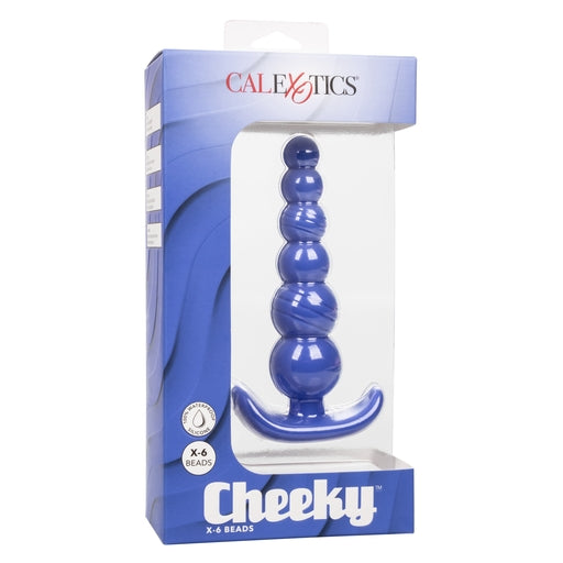 Cheeky X-6 Beads Silicone Anal Probe in Purple with Gradually Beaded Shaft and Pull Handle Base Blue Anal Toys & Stimulators