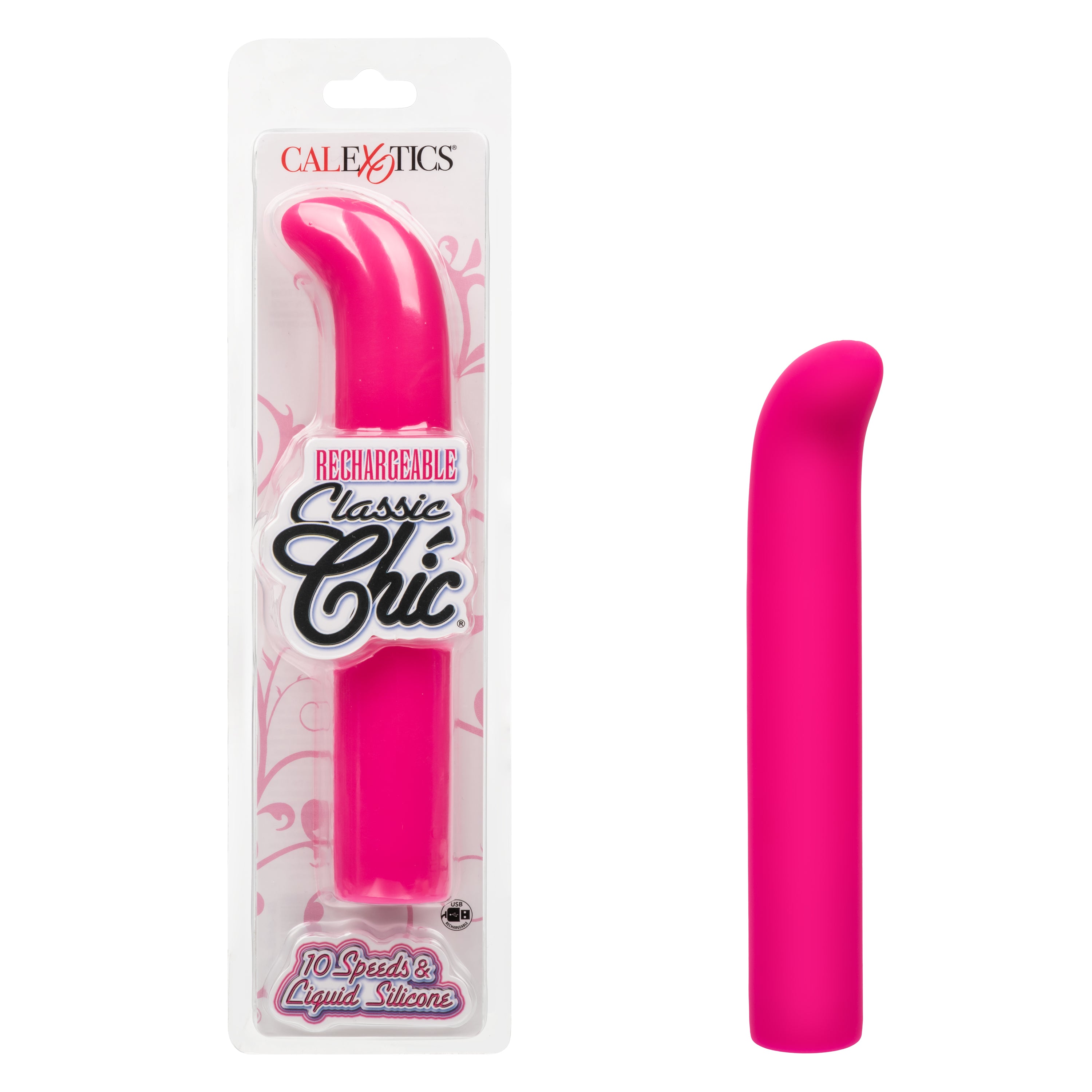 Rechargeable Classic Chic Standard G Pink Liquid Silicone Massager with 10 Speeds and USB Charging Pink Vibrators