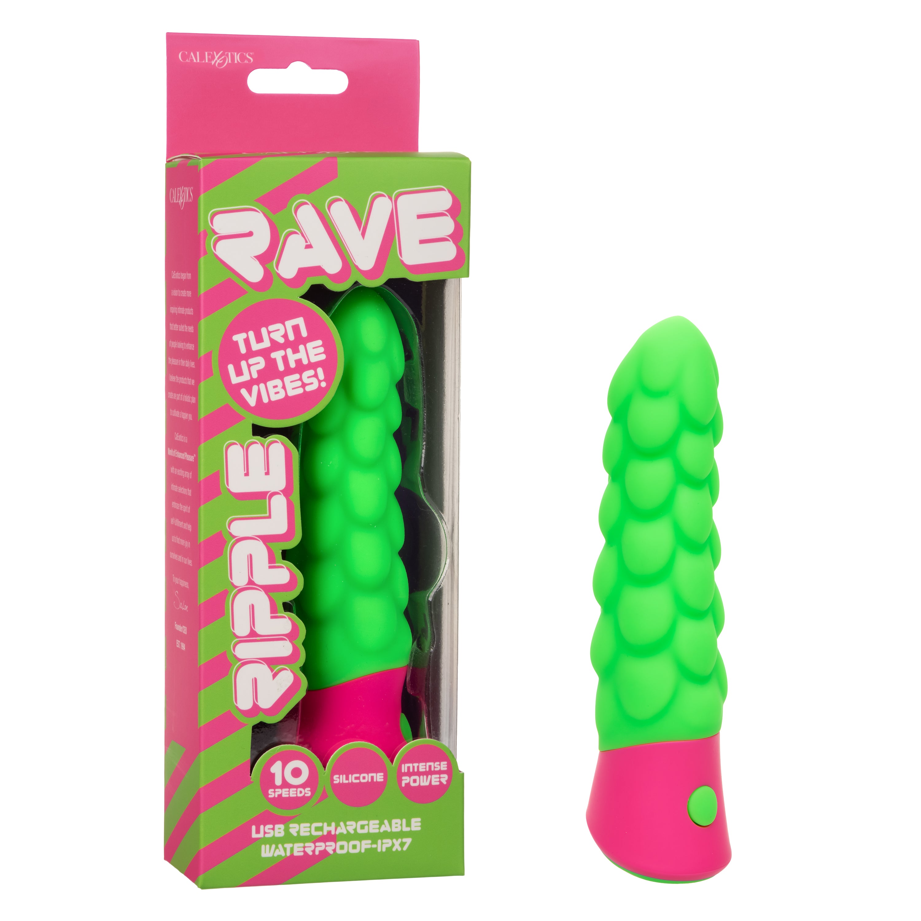 Rave Ripple Green and Pink Silicone Massager with 10 Speeds USB Rechargeable Waterproof IPX7 Green Vibrators