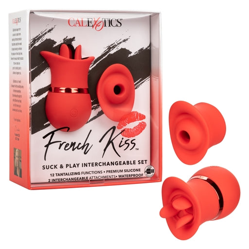 French Kiss Suck and Play Interchangeable Set Red Silicone Mini Massager with 12 Vibration and Suction Functions Red Suction Stimulator