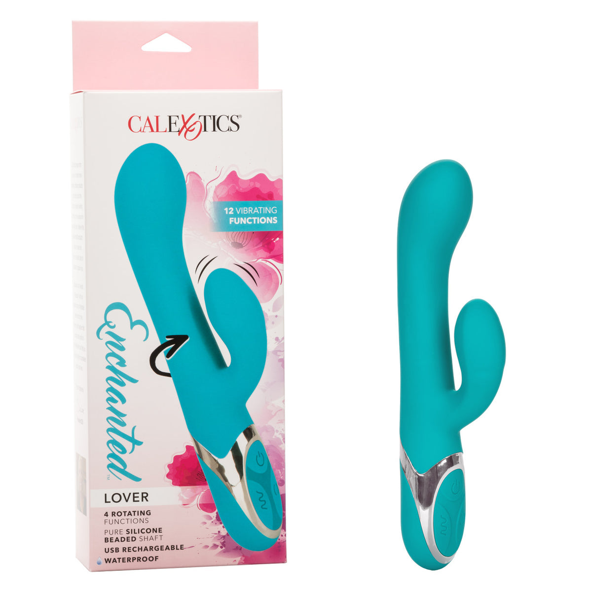 Enchanted Lover Vibrating Massager with Rotating Beads and Clitoral Stimulator in Teal Silicone Blue VIBRATORS-RABBIT
