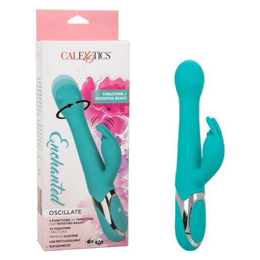CalExotics Enchanted Oscillate Teal Dual Stimulator with Thrusting and Rotating Beads, 12 Vibration Functions, USB Rechargeable, Waterproof Silicone, 8.5 Inches Green VIBRATORS-RABBIT