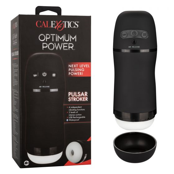 Optimum Power Pulsar Stroker Black Rechargeable Vibrating Masturbator with Suction and Textured Sleeve Black Strokers - Manual