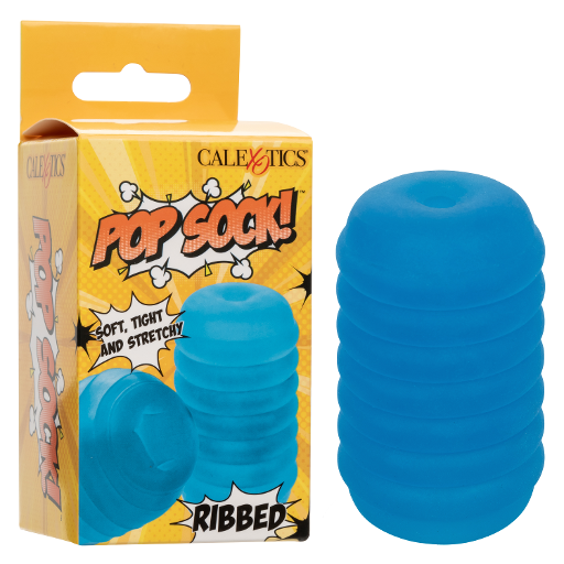 Pop Sock Ribbed Blue Versatile Reversible Stroker 3.5 Inch by 2 Inch Soft Stretchy TPE Blue Strokers - Cup|Egg