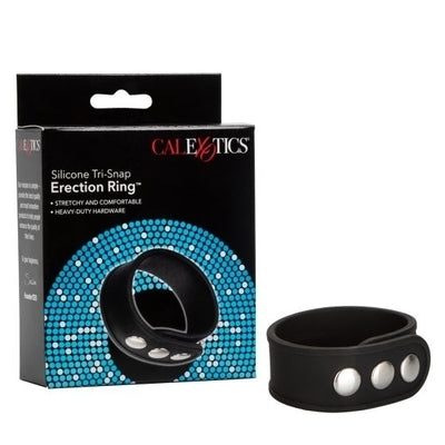 Silicone Tri-Snap Erection Ring Black with Adjustable Heavy-Duty Hardware Black COCK RINGS