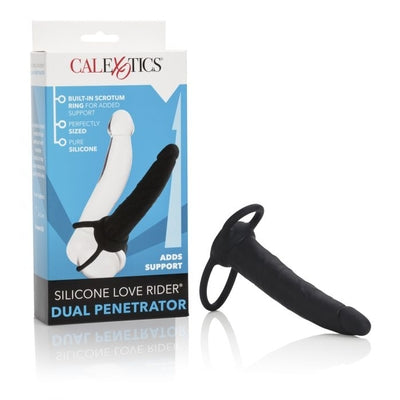 Silicone Love Rider Dual Penetrator Black Silicone Penis Shaped Stimulator with Built-In Scrotum Ring Black COCK RINGS
