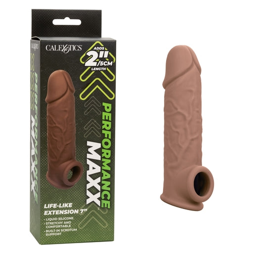 Performance Maxx Life-Like Extension 7 Inch Brown Stretchy Liquid Silicone Sleeve with Built-In Scrotum Strap Brown Penis Extension & Sleeves