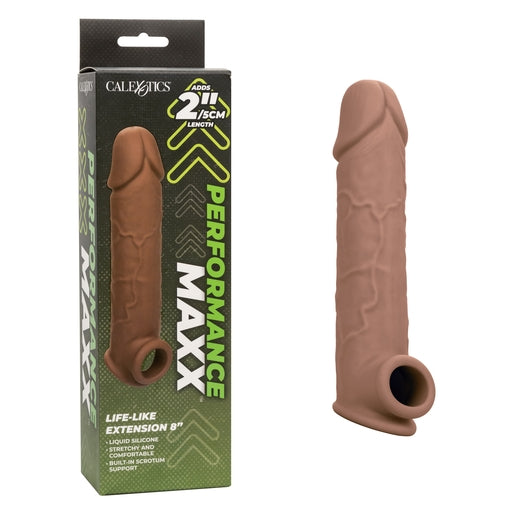 Performance Maxx Life-Like Extension 8 Inch Brown with Built-In Scrotum Strap and Hollow Design Brown Penis Extension & Sleeves