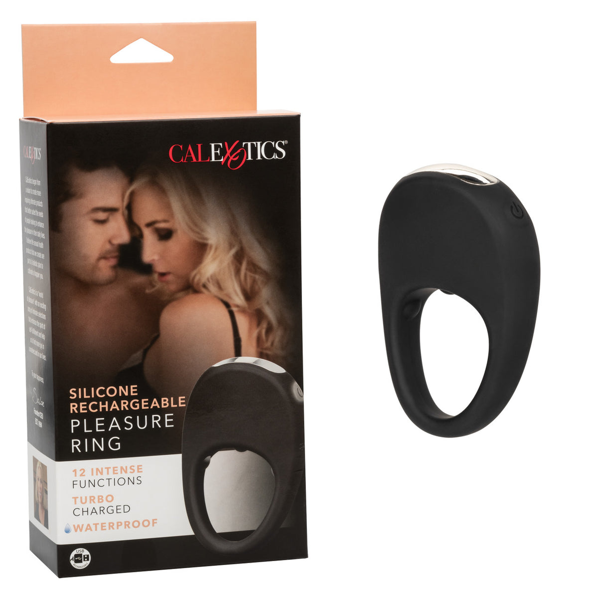 CalExotics Silicone Rechargeable Pleasure Ring Black with 12 Intense Vibration Functions Waterproof Black Cockrings