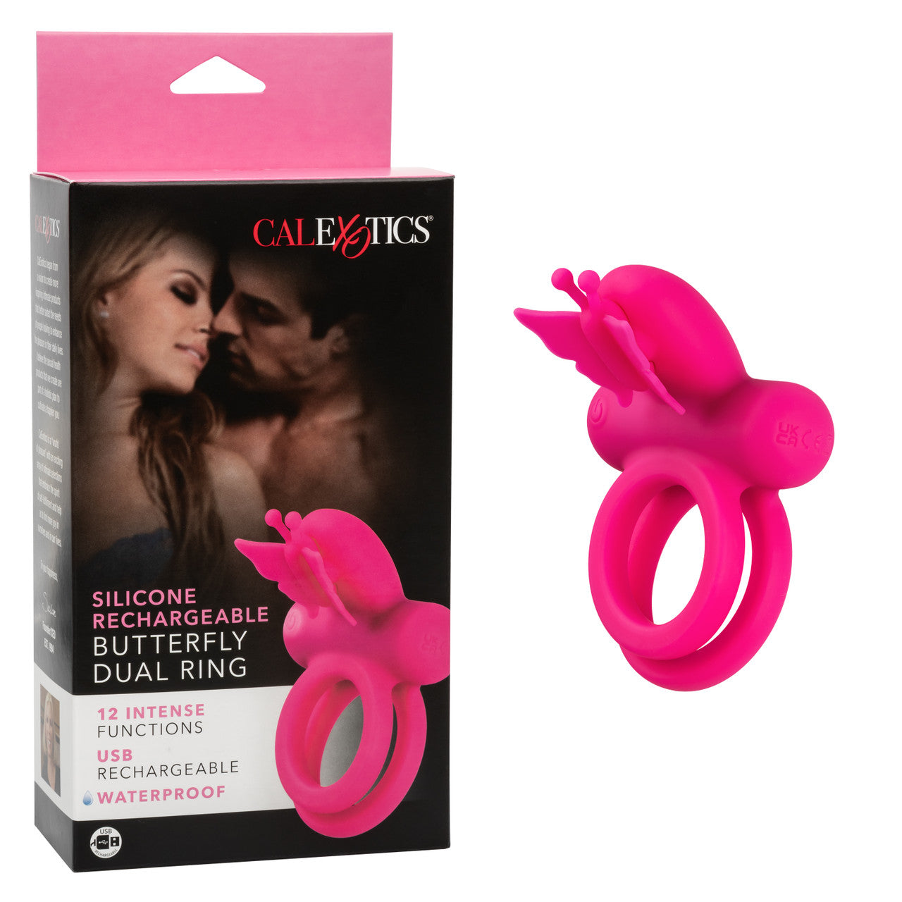 CalExotics Silicone Rechargeable Pink Butterfly Dual Ring with 12 Vibration Functions and Waterproof Design Pink Cock Rings Vibrating