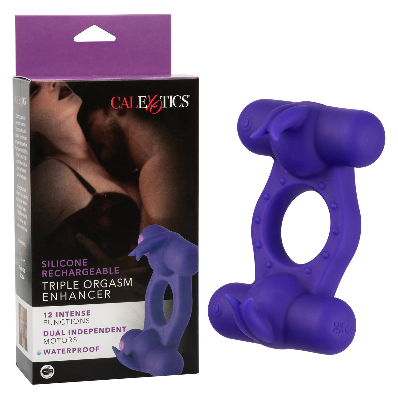 Silicone Rechargeable Triple Orgasm Enhancer in Purple with 12 Vibration Functions and Dual Independent Motors Purple Cock Rings Vibrating